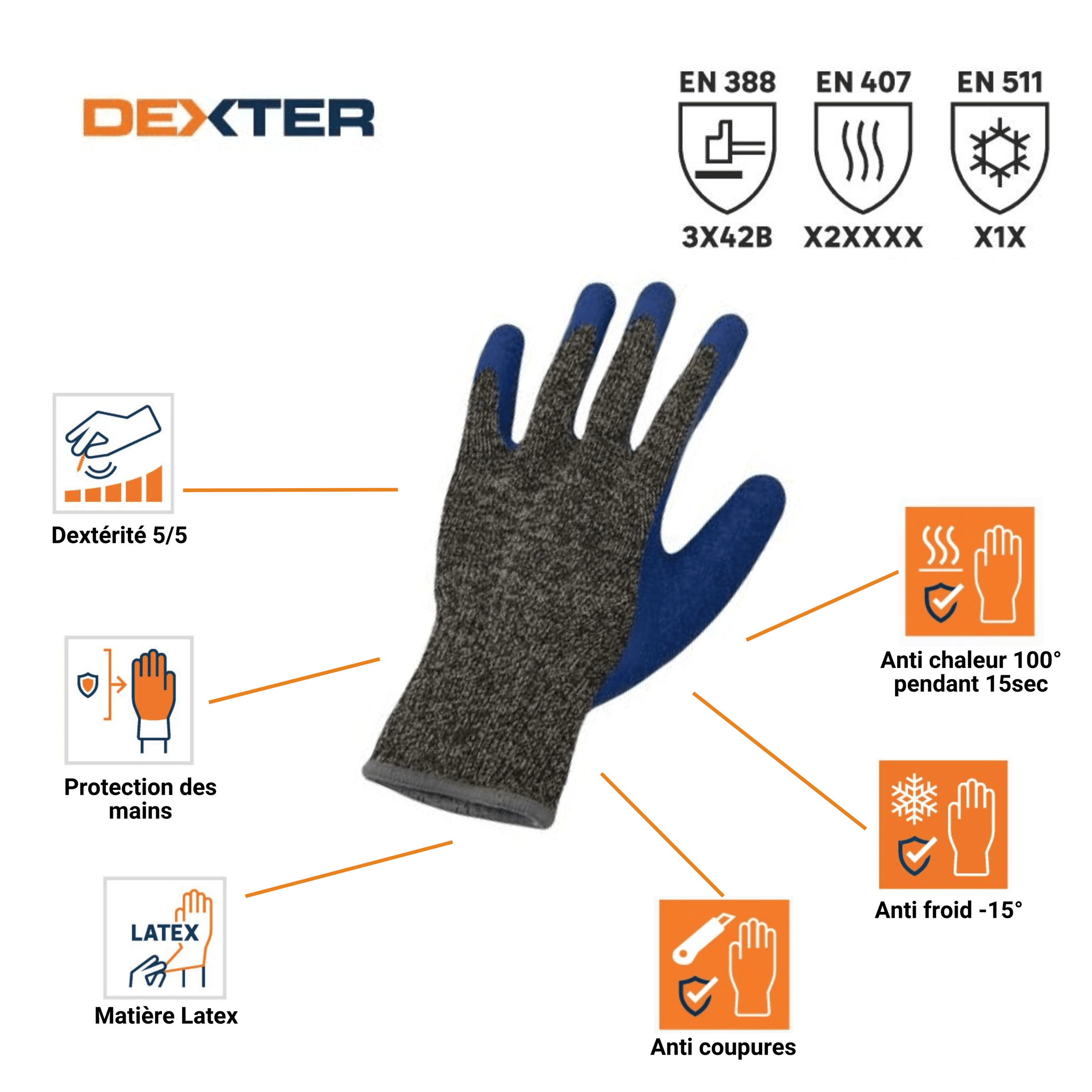 DEXTER GLOVES FOR HANDLING SIZE 9L COLD-WEATHER AND CUT-RESISTANT POLYESTER