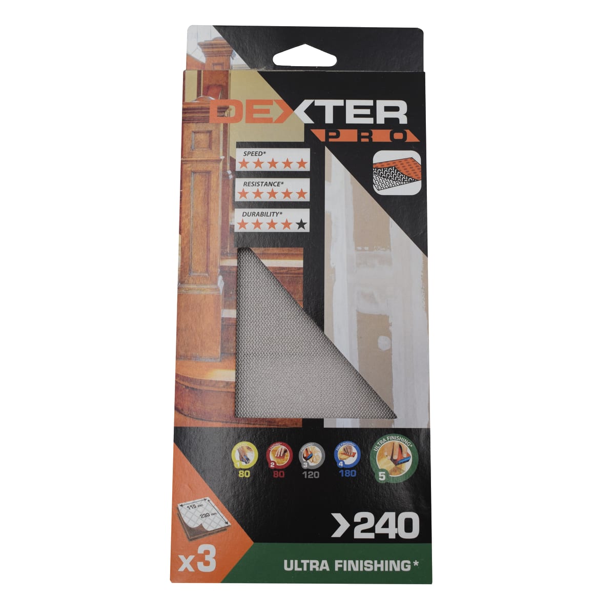 Bricocenter SANDING NET FOR DEXTER PRO ORBITAL SANDER, FOR WOOD, 115X230MM GRIT 240, 3 PIECES