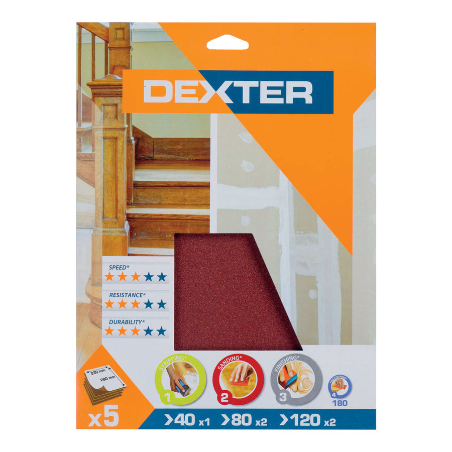 Fogli abrasivi dexter grana 40, 80, 120, 230x280m, 5 pezzi