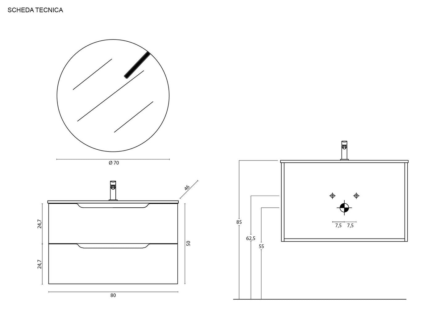 Mobile bagno  kanne l80 p 45 h50  rovere cannettato  con specchio e lampada led