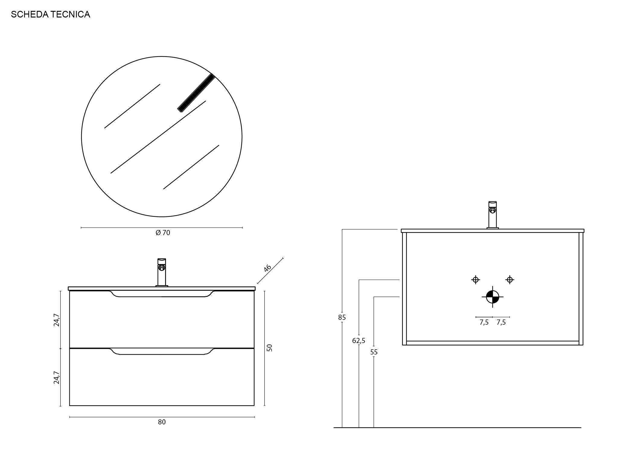 Mobile bagno  kanne l80 p 45 h50  rovere cannettato  con specchio e lampada led