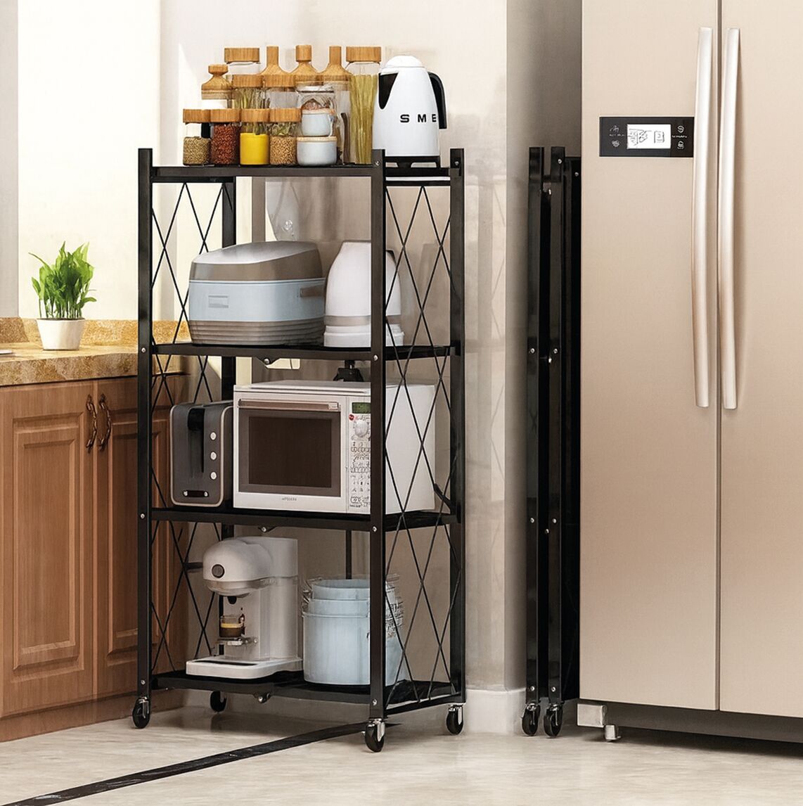 Foldable metal shelving unit with 4 shelves, 71x34x126cm