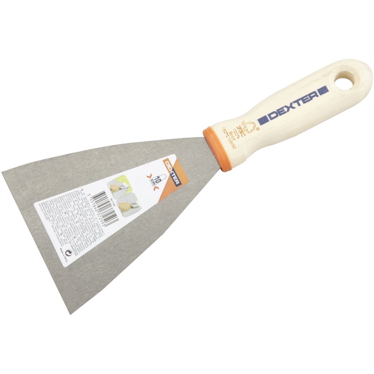 DEXTER SMOOTH PUTTY KNIFE 100 MM STEEL BLADE WOODEN HANDLE
