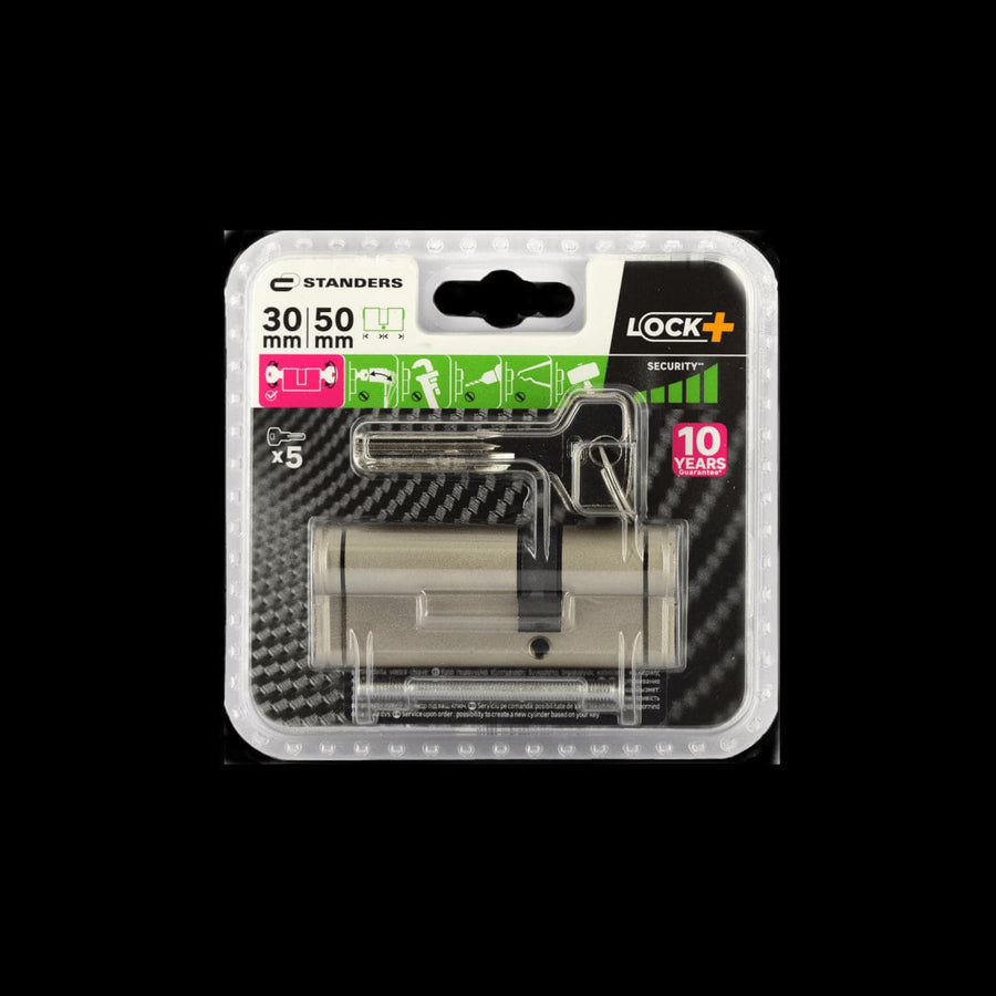 Bricocenter 30+50 MM STANDERS BRASS CYLINDER, SATIN NICKEL FINISH, 5 LONG STEEL KEYS