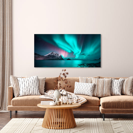 Canvas print, 50x100cm: 'Aurora over Lake'