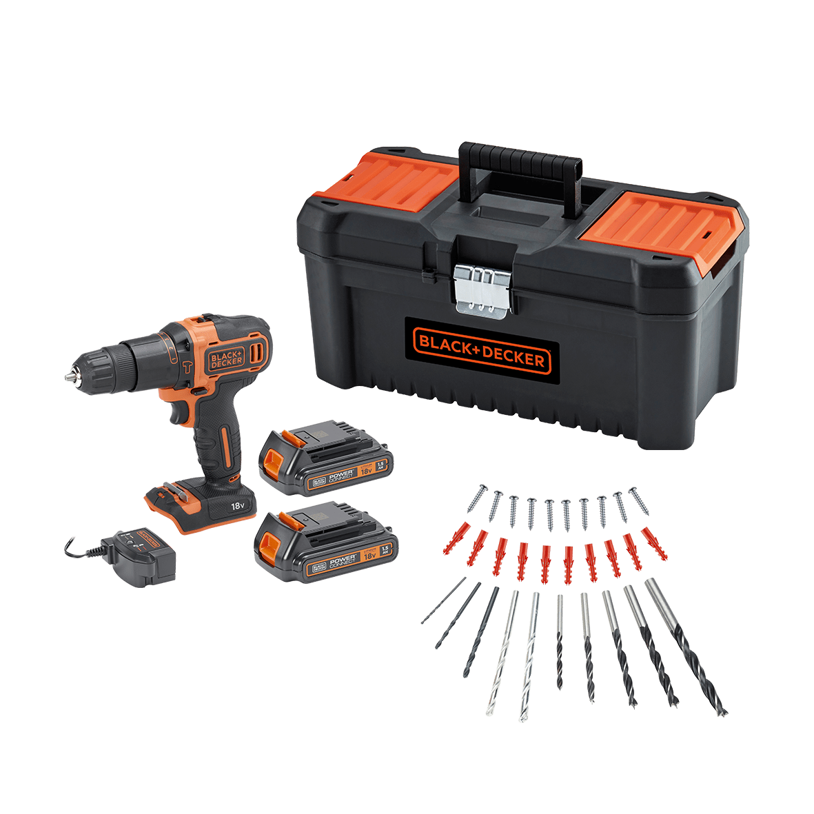 Bricocenter TRAPANO AVV. BLACK&DECKER 18V CON 2 BATTERIE 1,5AH CON VALIGETTA 16 POLLICI E SET DI PUNTE