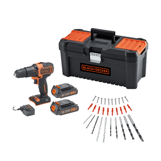 Bricocenter TRAPANO AVV. BLACK&DECKER 18V CON 2 BATTERIE 1,5AH CON VALIGETTA 16 POLLICI E SET DI PUNTE