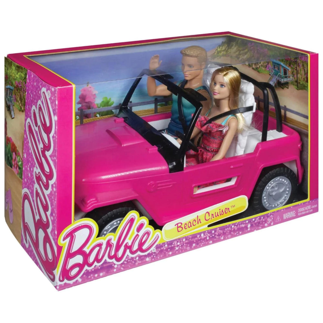 Barbie and Ken Beach Jeep Playset with Two Dolls and Pink SUV