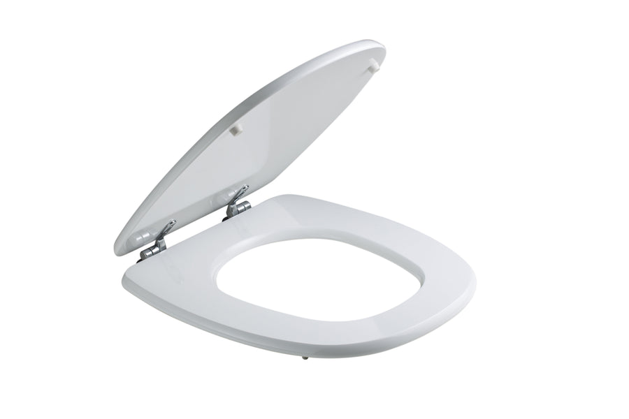 Oval white MDF toilet seat for disabled use, with under-mount fixing and antibacterial metal frame