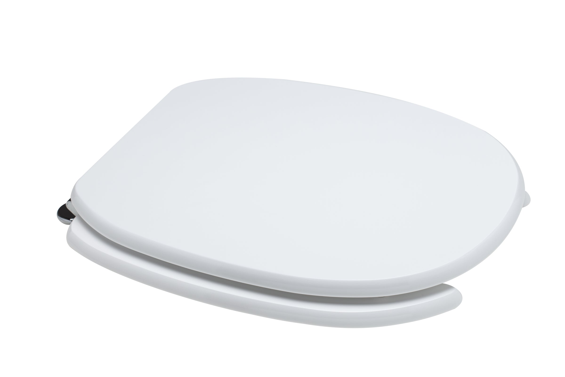 Oval white MDF toilet seat for disabled use, with under-mount fixing and antibacterial metal frame