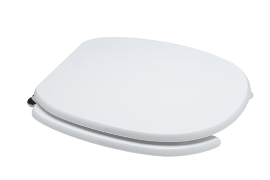 Oval white MDF toilet seat for disabled use, with under-mount fixing and antibacterial metal frame