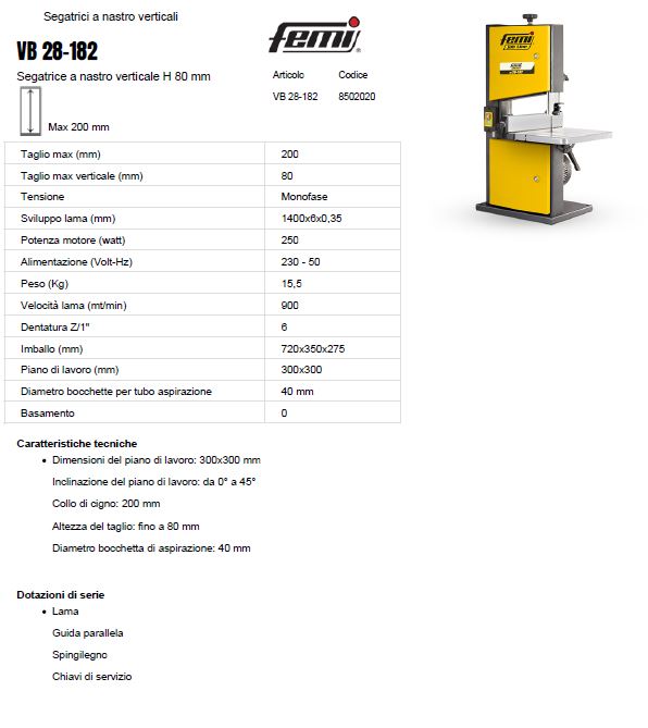 FEMI VB 28-182 BAND SAW FOR WOOD BLADE LENGTH 1400 MM