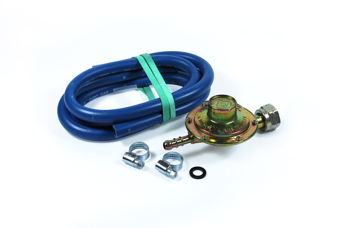 Fixed-setting LPG regulator kit for cylinder + 1.5-metre rubber LPG hose + 2 cable ties