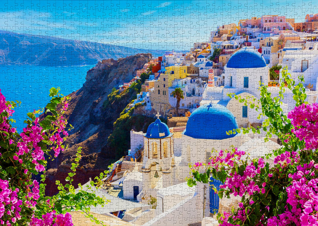 Puzzle 1000 pezzi - Santorini View with Flowers, Greece