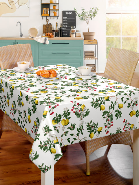 *140 cm Tex oilcloth tablecloth with a floral and lemon print, with a beige reverse