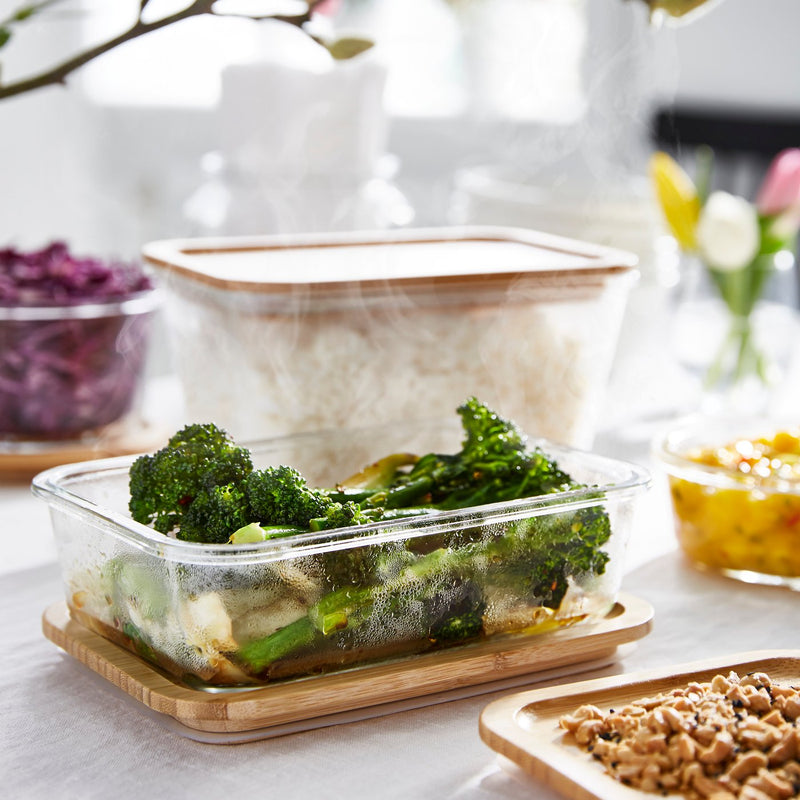 A large rectangular/glass bamboo IKEA 365+ food container with lid