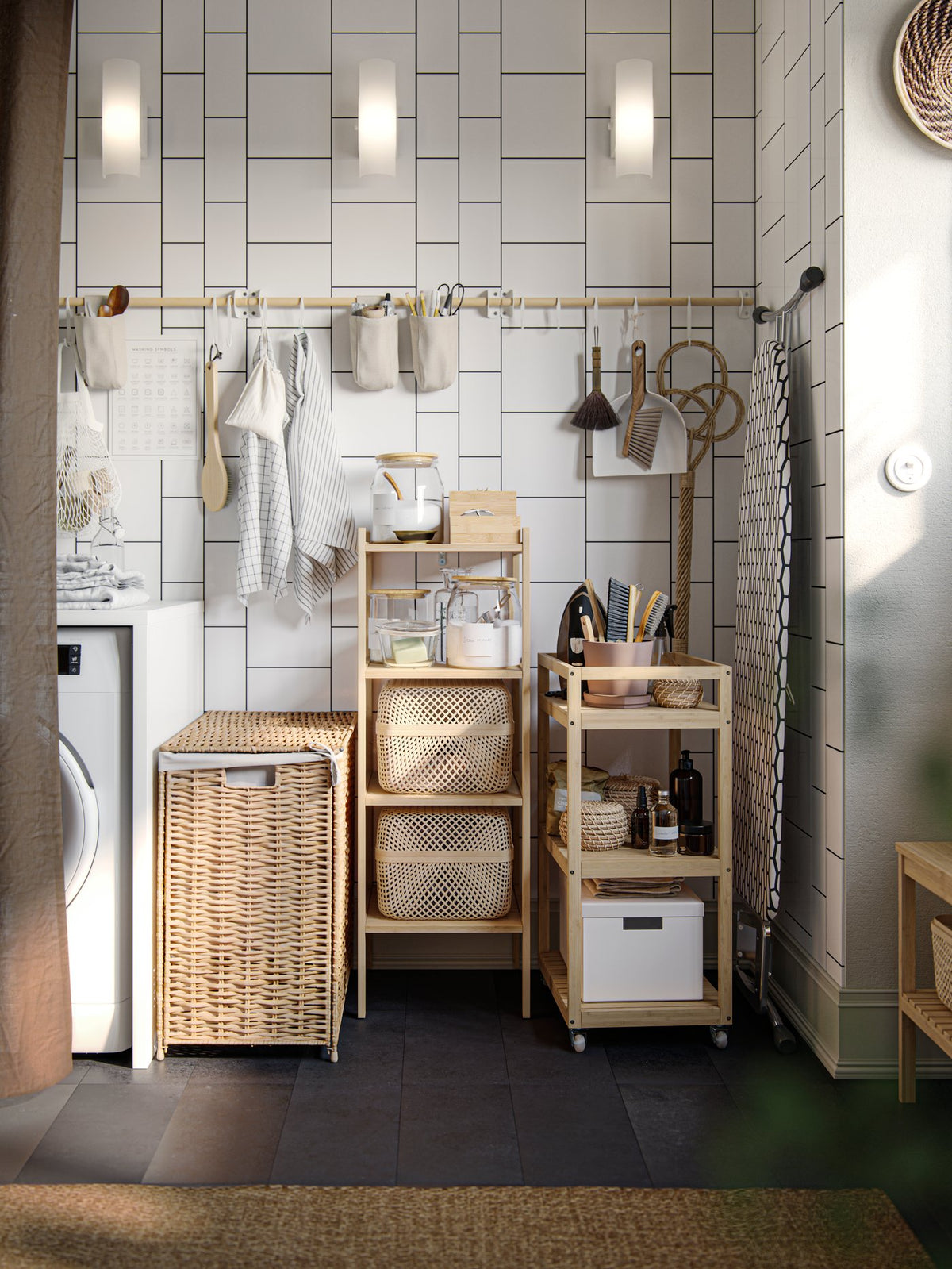A flexible laundry corner in earthy tones