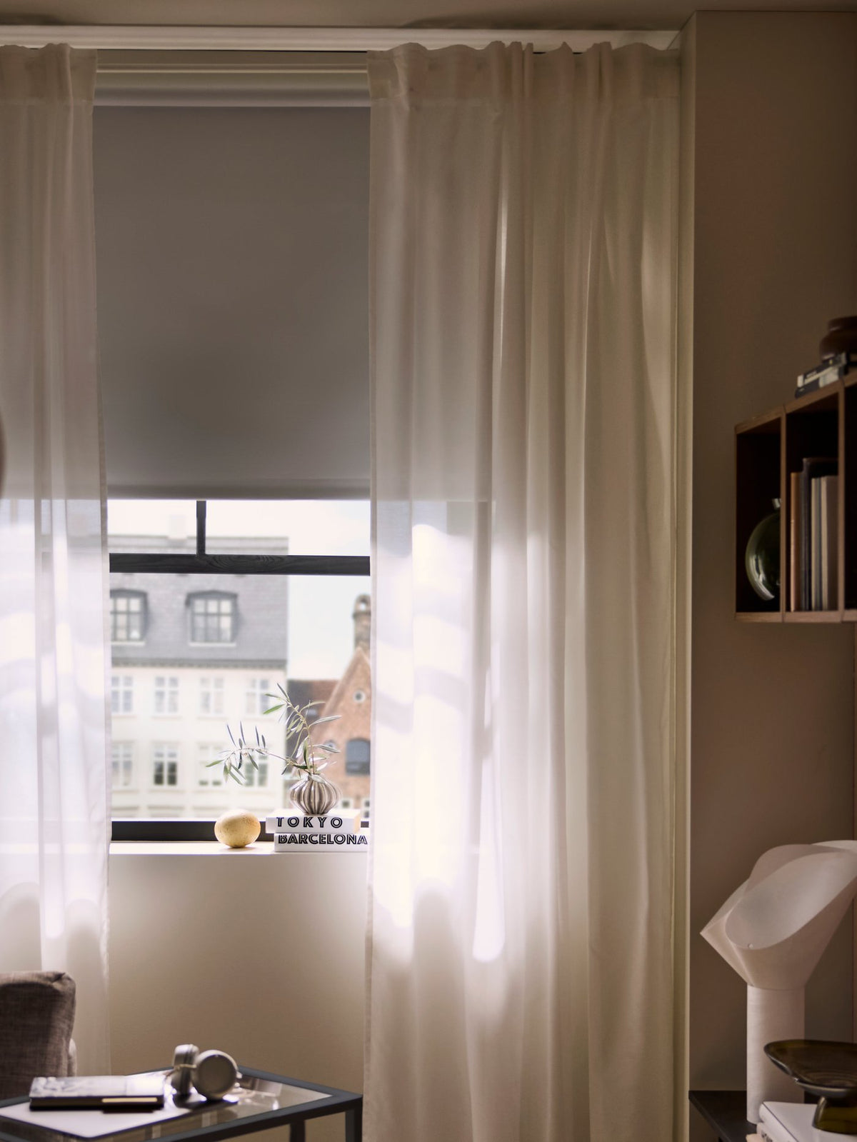 A modern urban living room, comfortable day and night