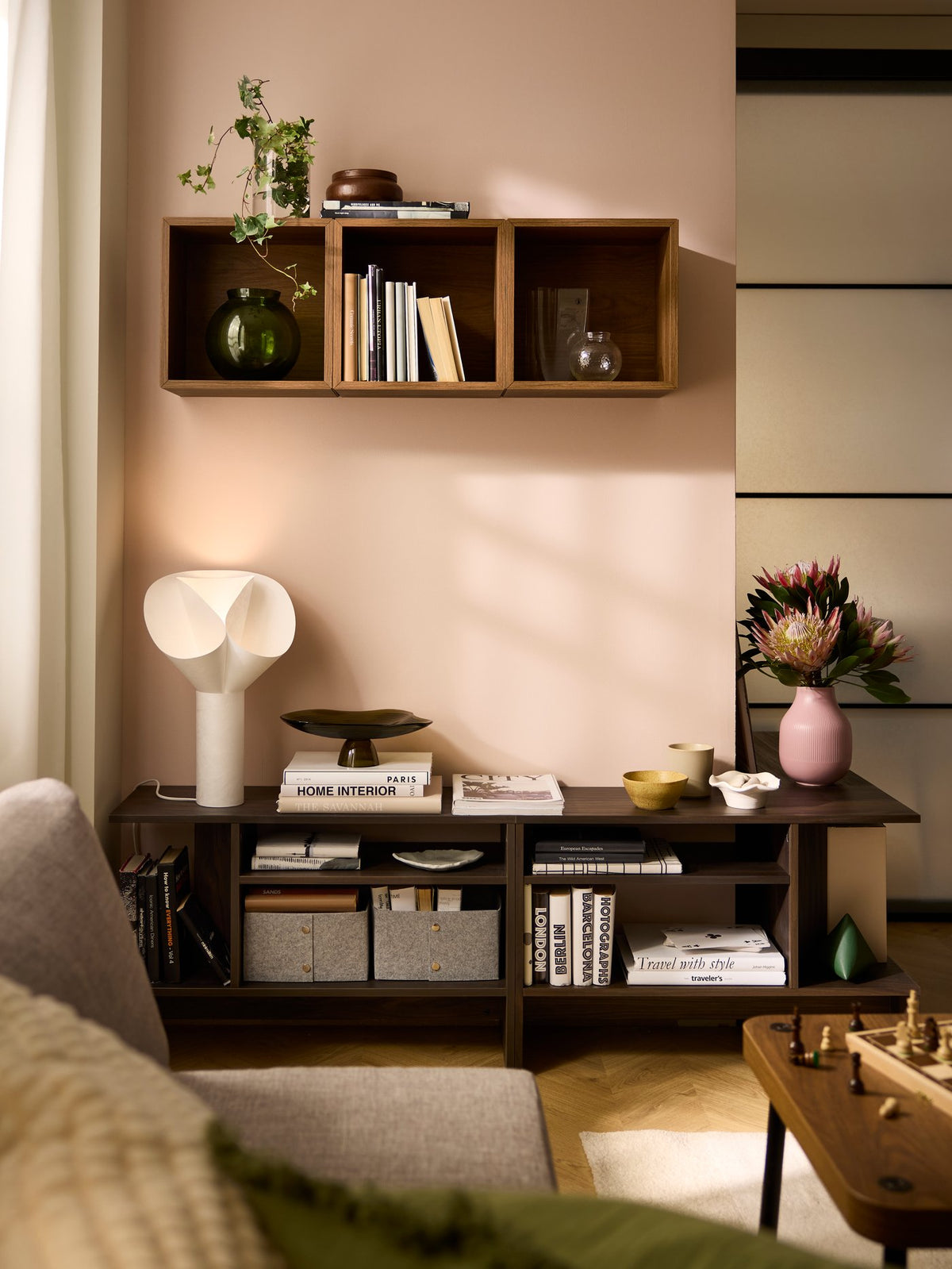 A modern urban living room, comfortable day and night