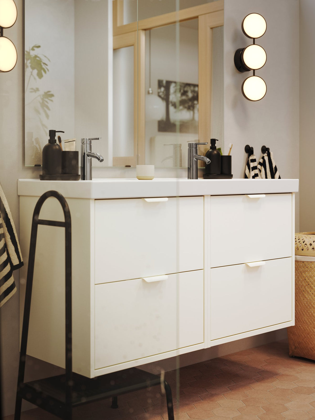 A bathroom with natural tones and dark contrasts