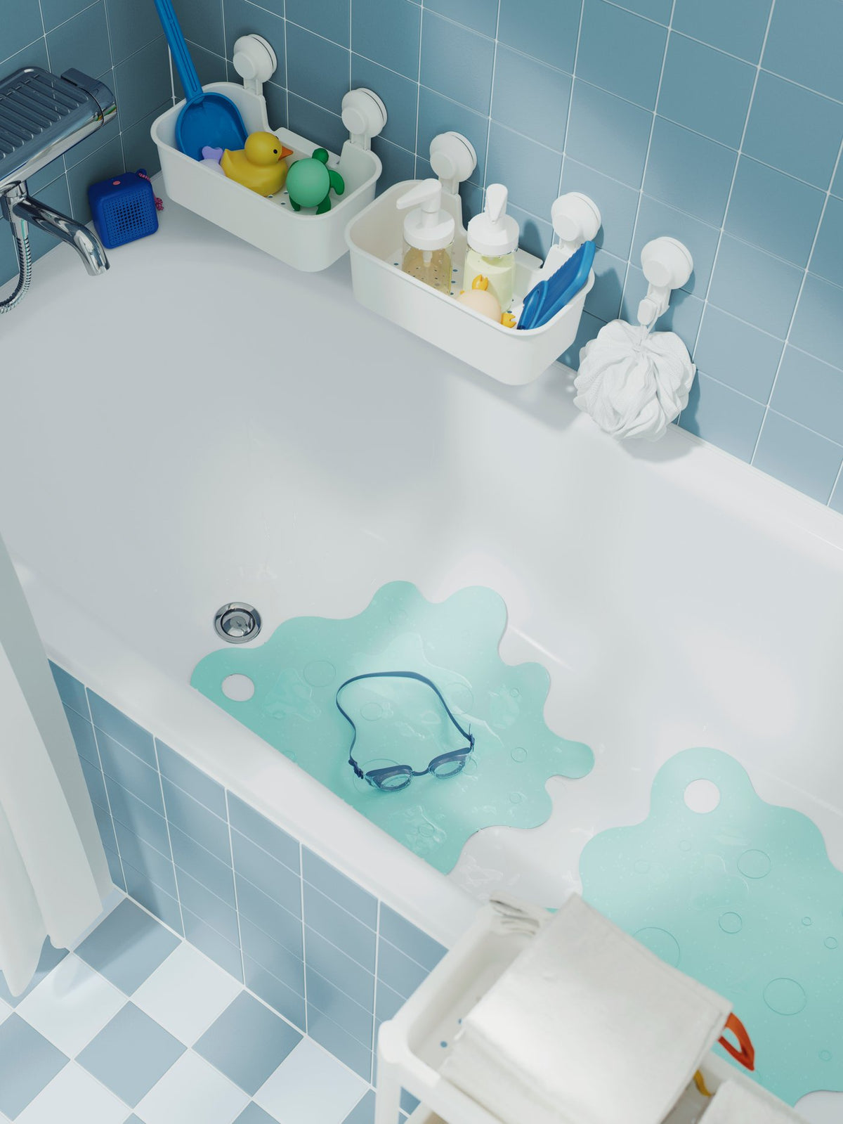 A fresh white and blue bathroom-laundry combination