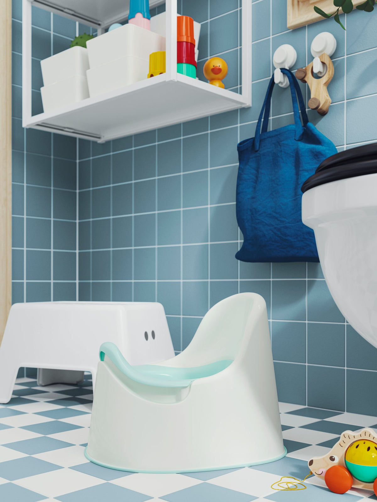A fresh white and blue bathroom-laundry combination