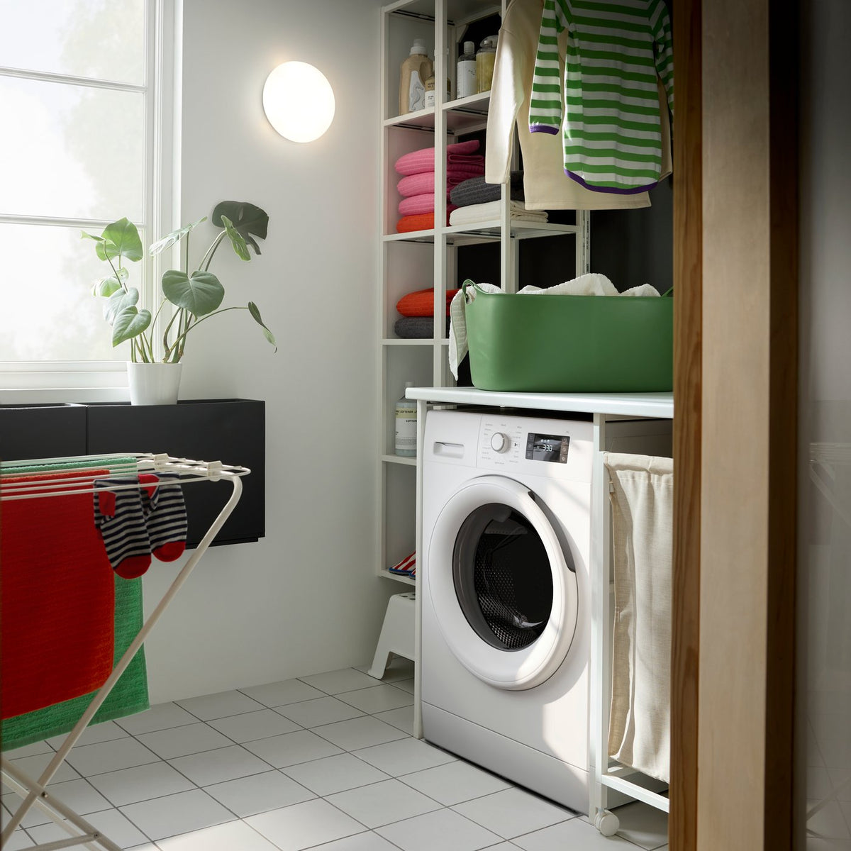 A cheerful black and white family bathroom