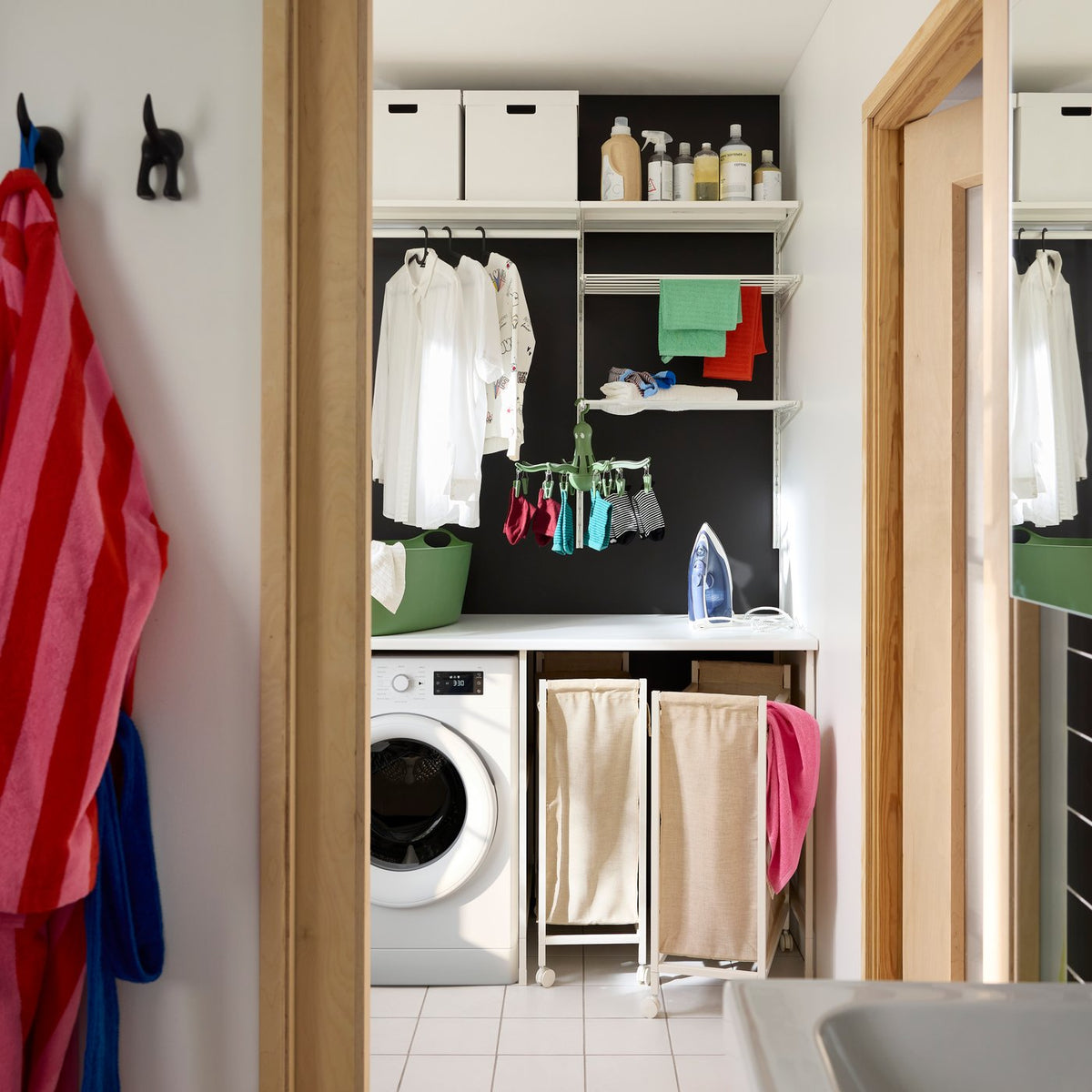 A cheerful black and white family bathroom