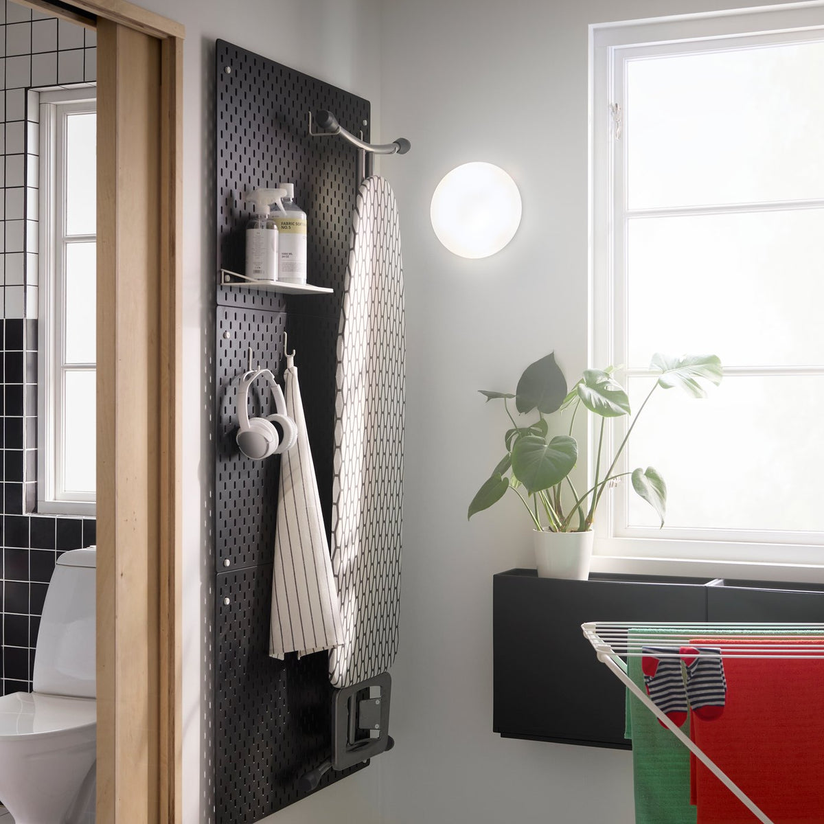 A cheerful black and white family bathroom