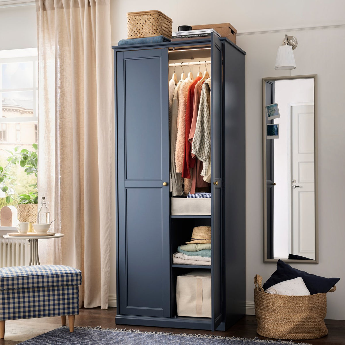 A calm, coordinated bedroom with a consistent style