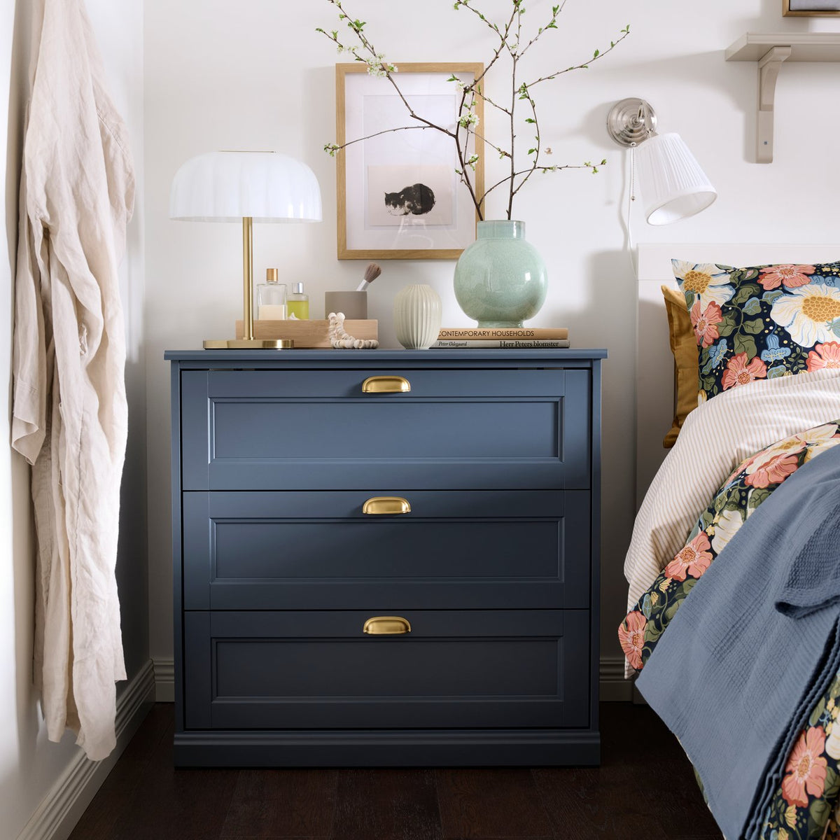 A calm, coordinated bedroom with a consistent style