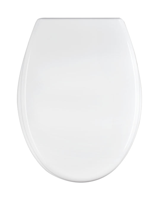 White oval-shaped heat-conductive toilet seat cover, fixed from below with stainless steel screws