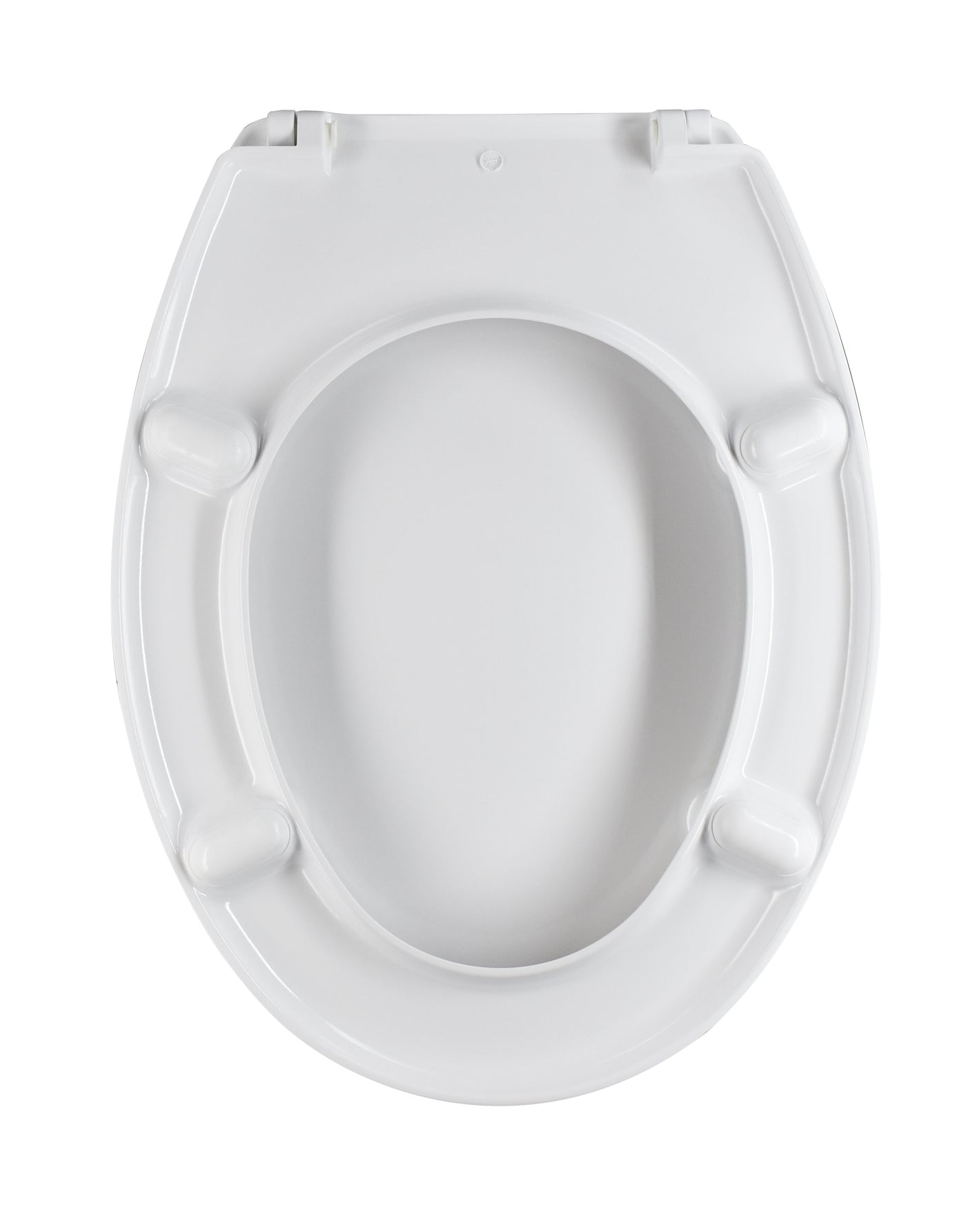 White oval-shaped heat-conductive toilet seat cover, fixed from below with stainless steel screws