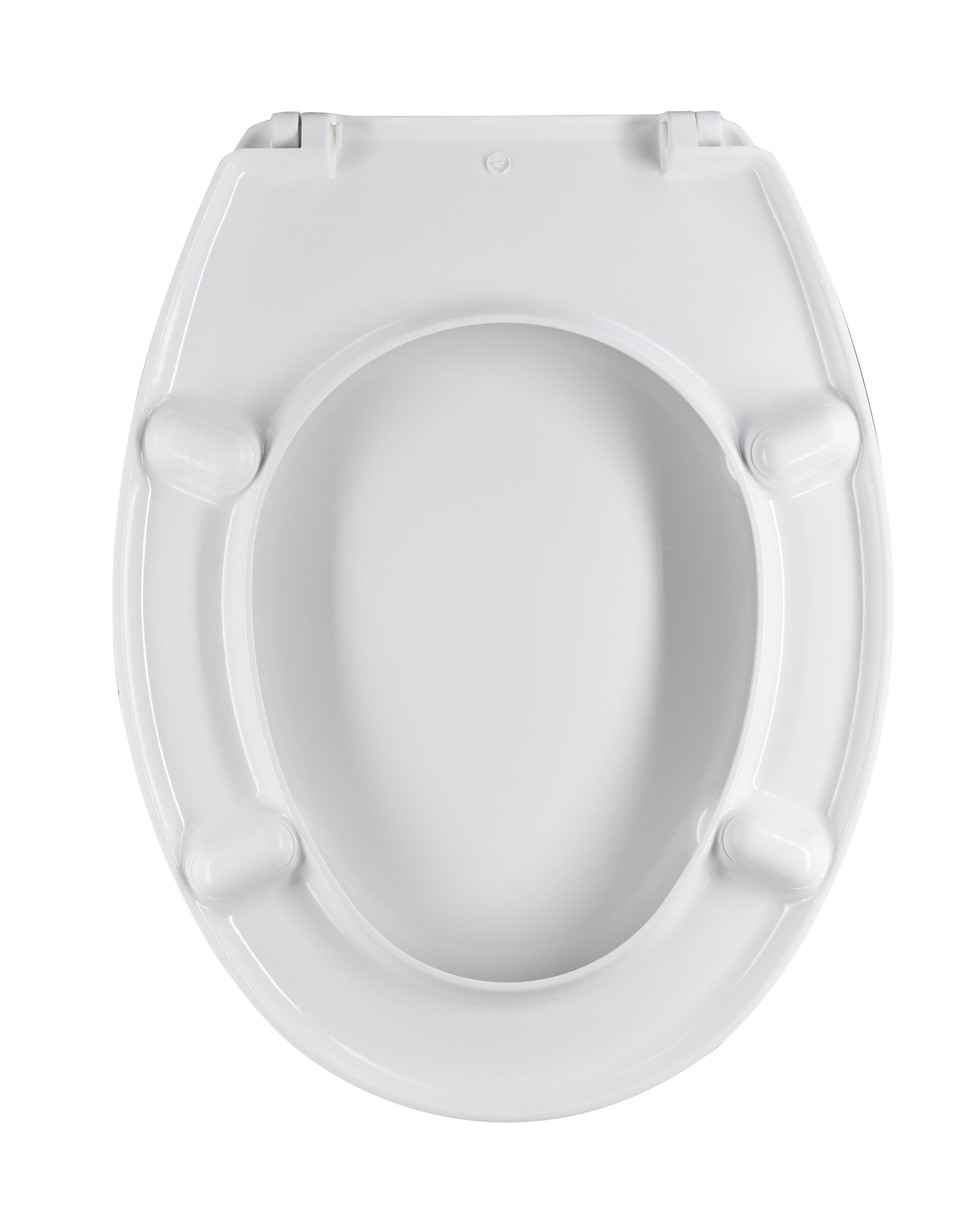 White oval-shaped heat-conductive toilet seat cover, fixed from below with stainless steel screws