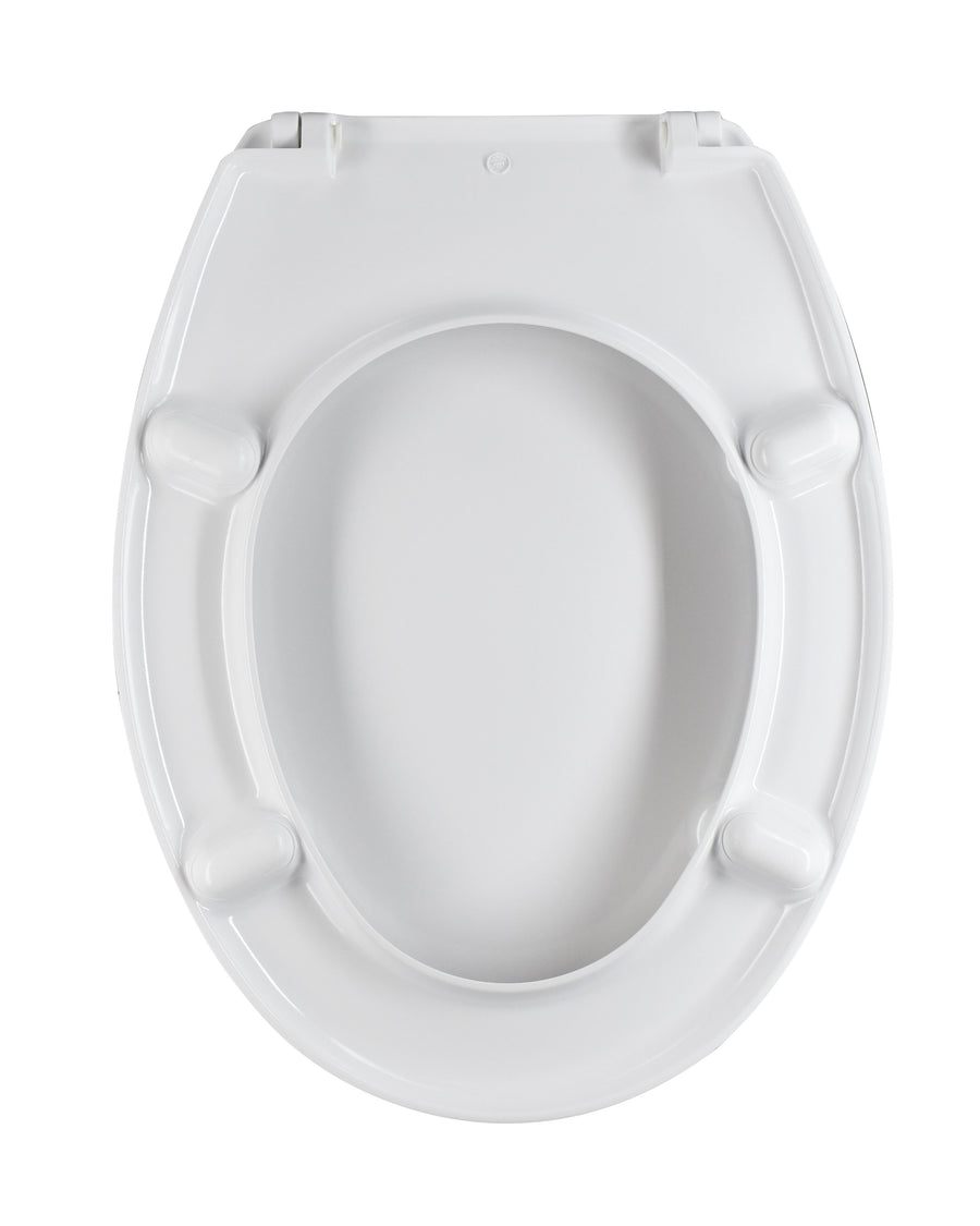 White oval-shaped heat-conductive toilet seat cover, fixed from below with stainless steel screws