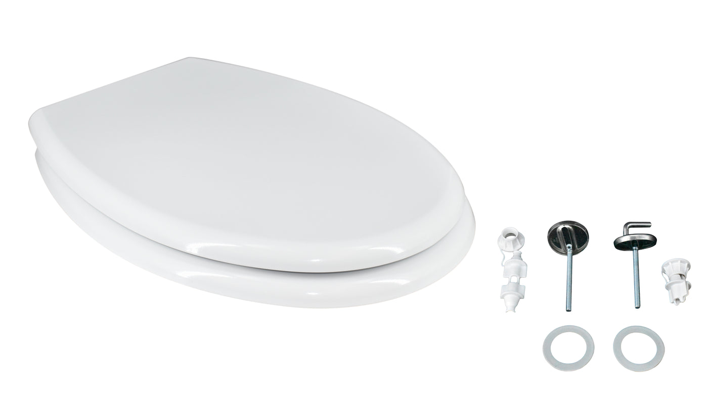 White oval-shaped heat-conductive toilet seat cover, fixed from below with stainless steel screws