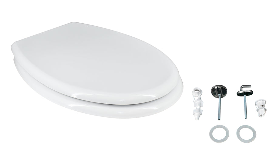 White oval-shaped heat-conductive toilet seat cover, fixed from below with stainless steel screws