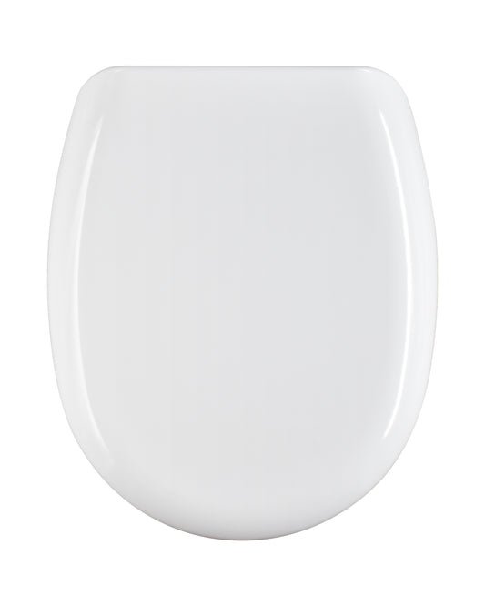 Oval-shaped, heat-resistant, white, lute-shaped toilet seat cover with under-mount fixing and stainless steel ring