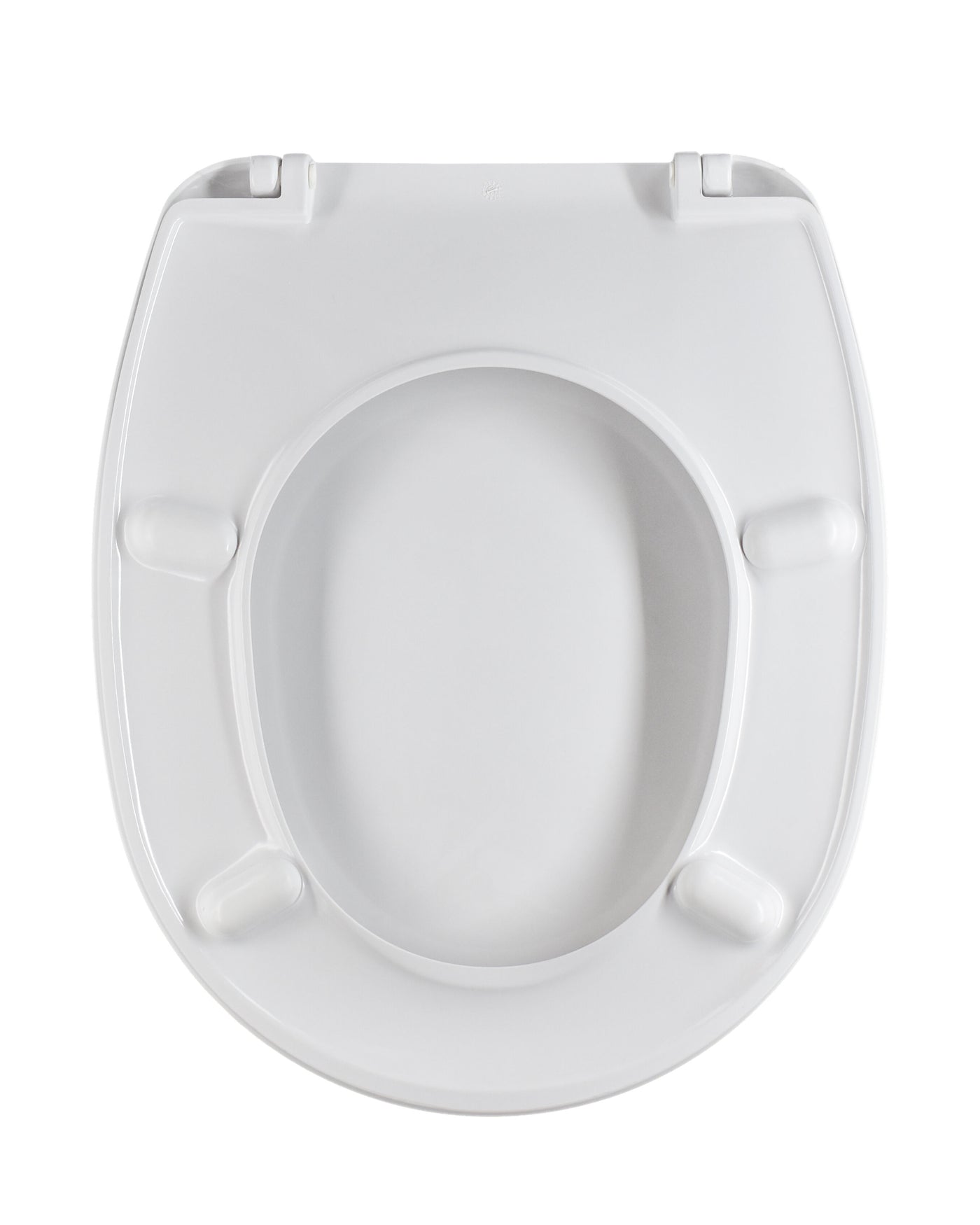 Oval-shaped, heat-resistant, white, lute-shaped toilet seat cover with under-mount fixing and stainless steel ring