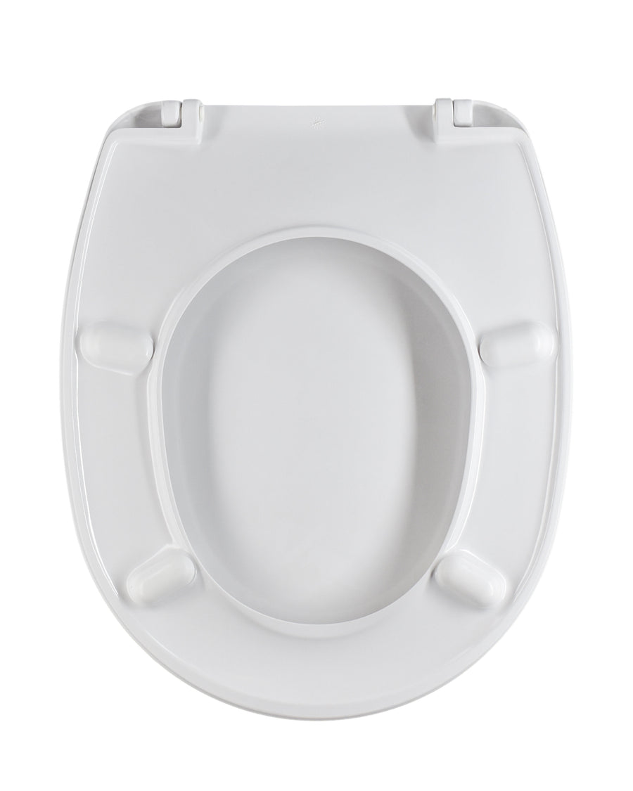 Oval-shaped, heat-resistant, white, lute-shaped toilet seat cover with under-mount fixing and stainless steel ring