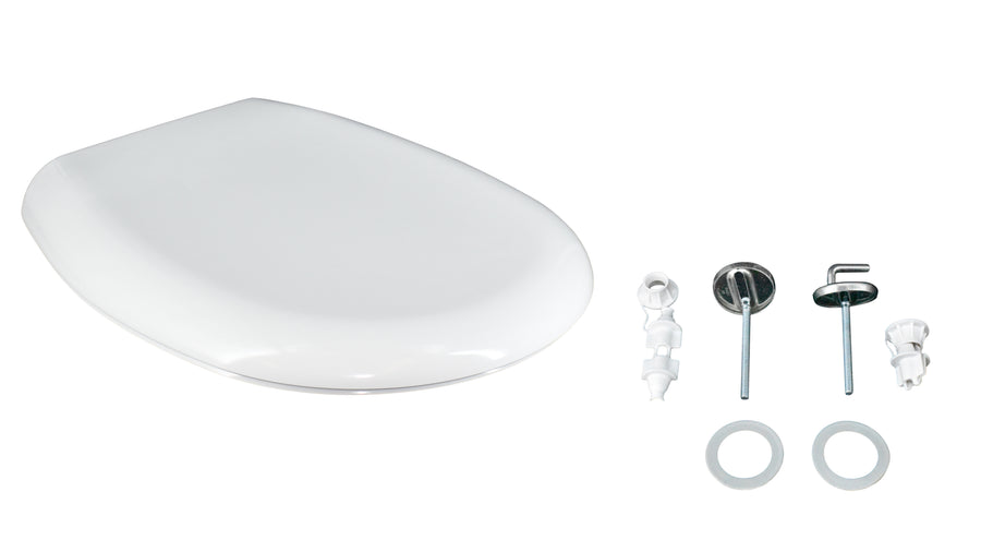Oval-shaped, heat-resistant, white, lute-shaped toilet seat cover with under-mount fixing and stainless steel ring
