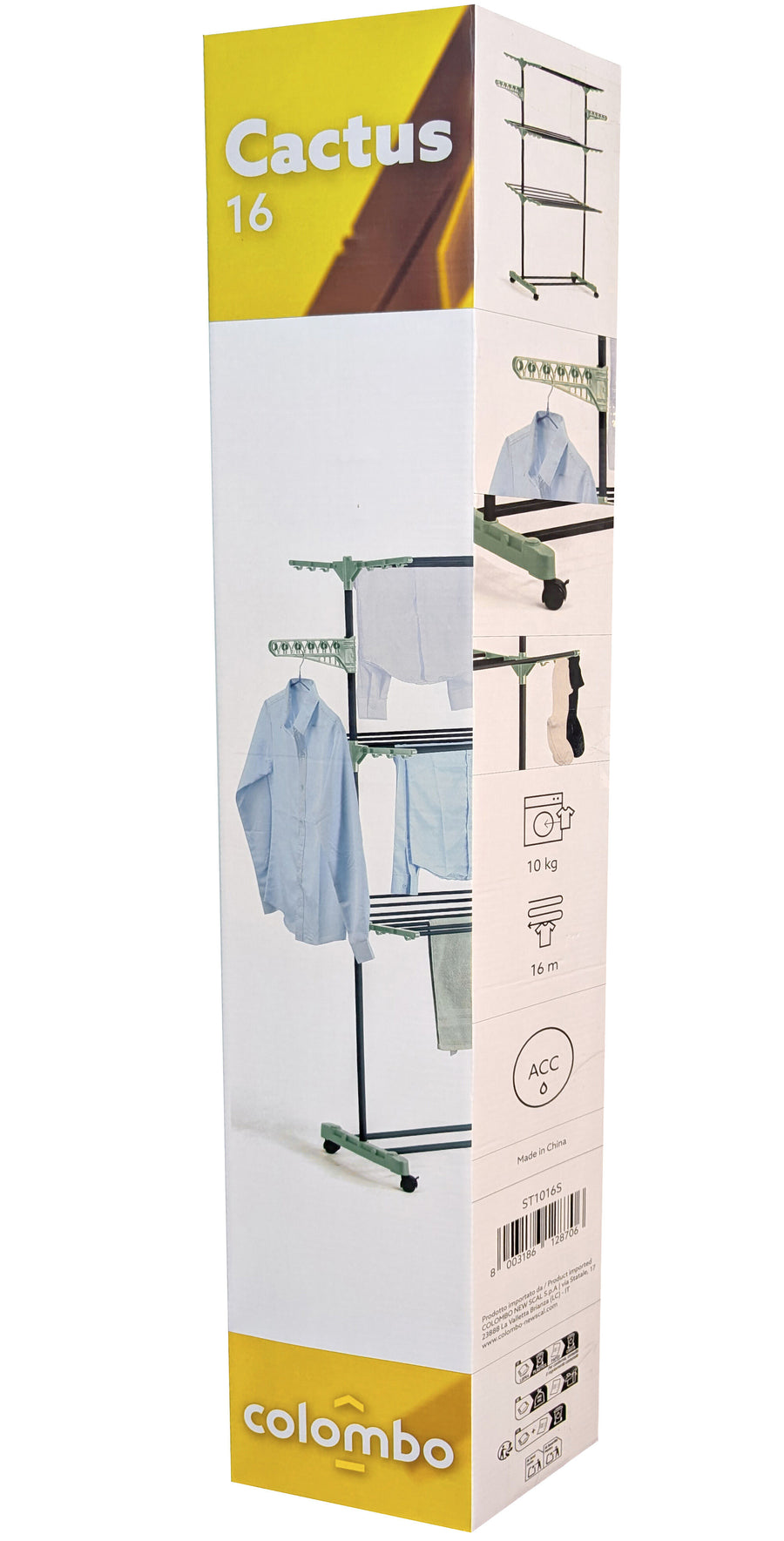 Vertical cactus-style clothes horse with three shelves, 16 metres in length, fitted with castors and clothes peg holders