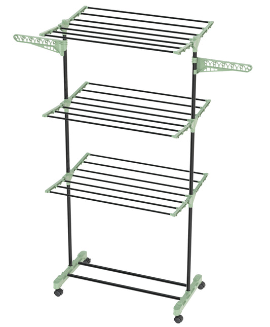 Vertical cactus-style clothes horse with three shelves, 16 metres in length, fitted with castors and clothes peg holders
