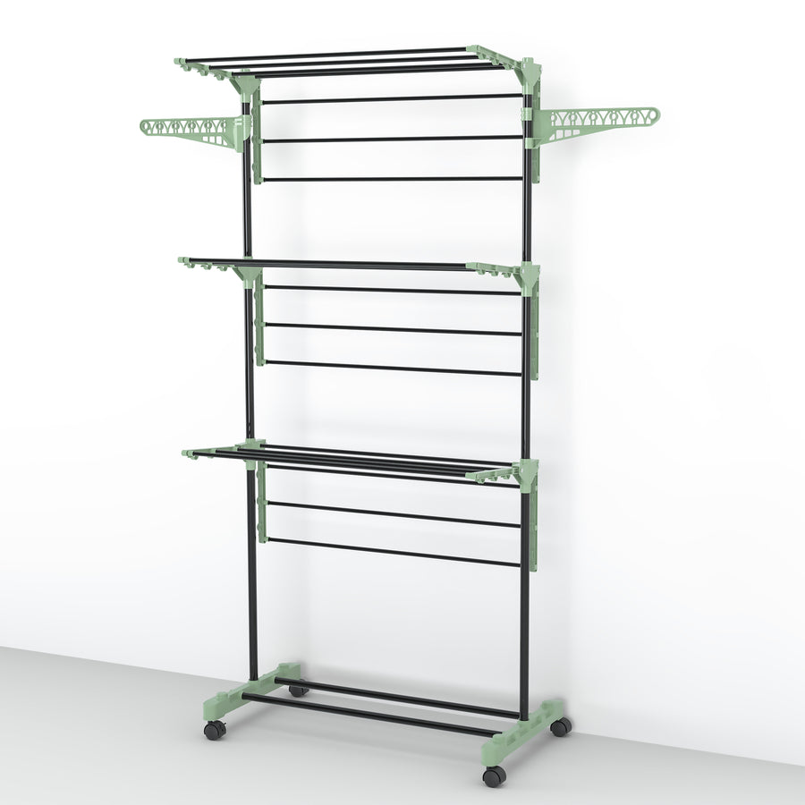 Vertical cactus-style clothes horse with three shelves, 16 metres in length, fitted with castors and clothes peg holders