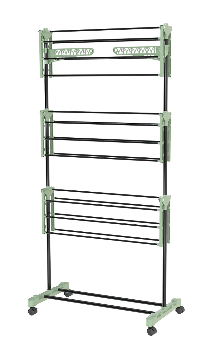 Vertical cactus-style clothes horse with three shelves, 16 metres in length, fitted with castors and clothes peg holders