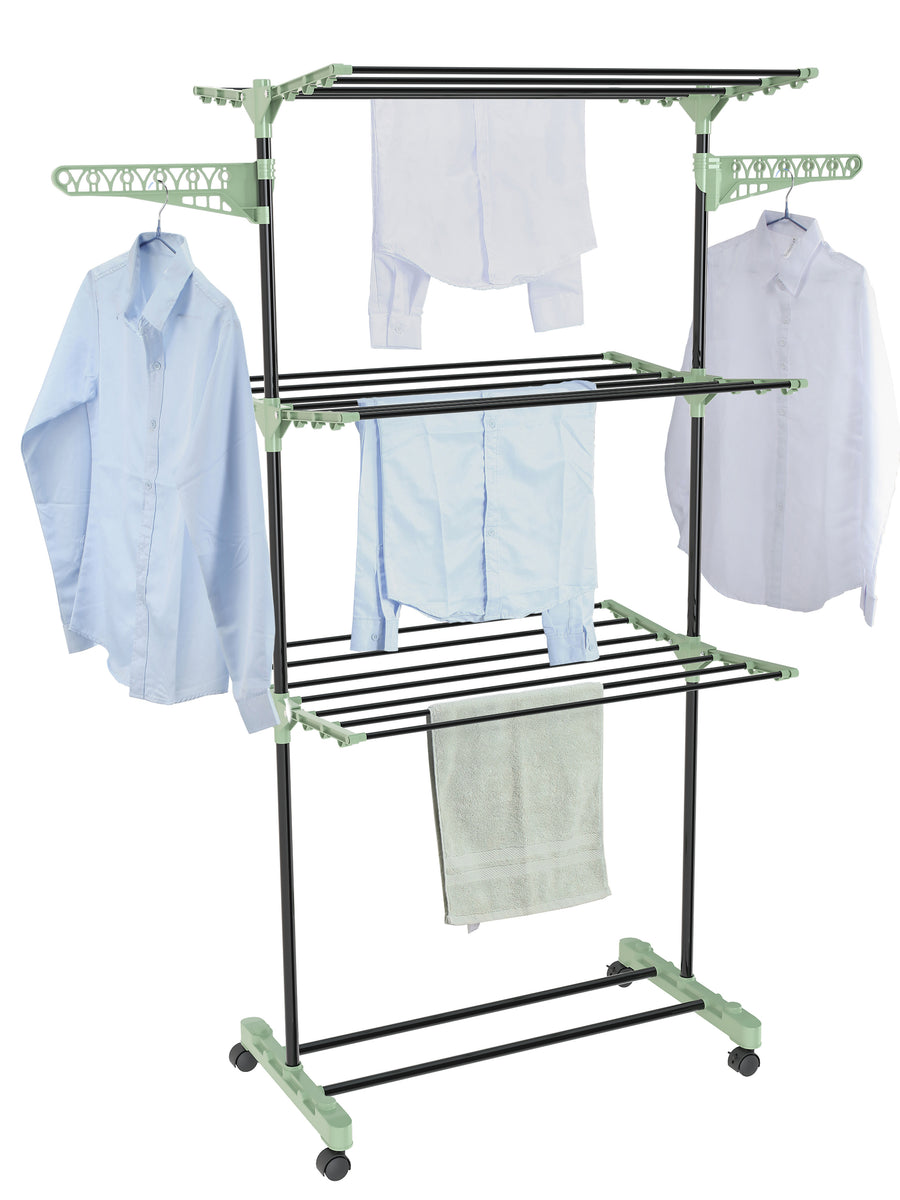 Vertical cactus-style clothes horse with three shelves, 16 metres in length, fitted with castors and clothes peg holders