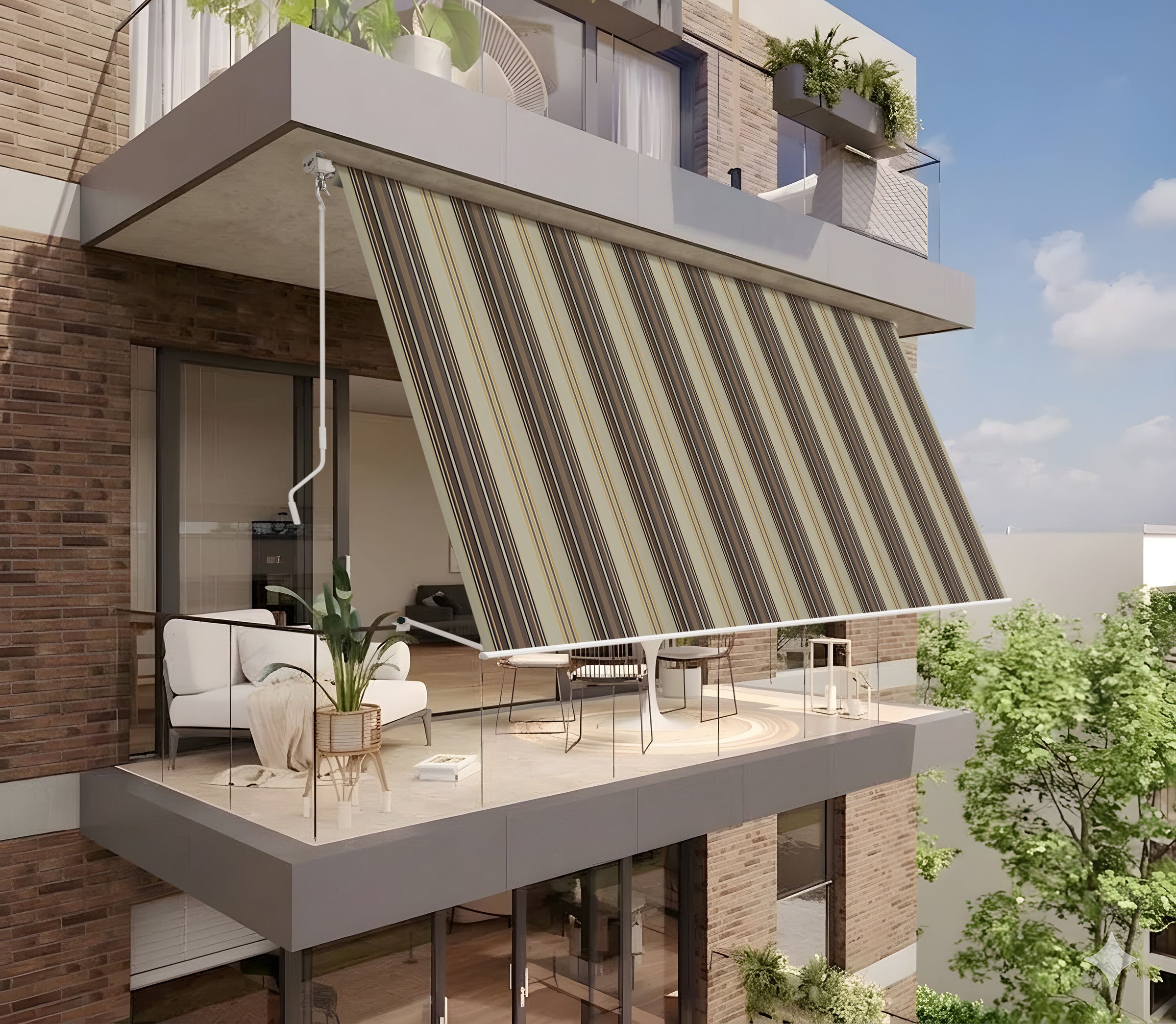 3x2.5m drop-down awning in beige stripes, made of aluminium and polyester, without a valance