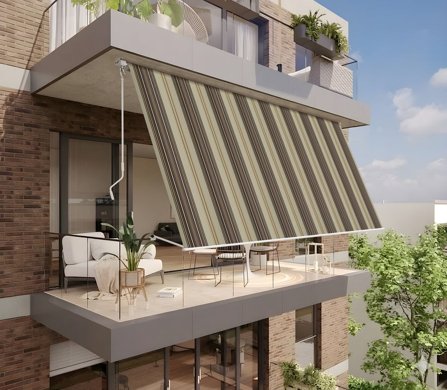 3x2.5m drop-down awning in beige stripes, made of aluminium and polyester, without a valance