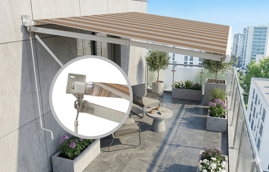 3x2 extendable-arm awning in beige striped polyester with aluminium frame, without valance