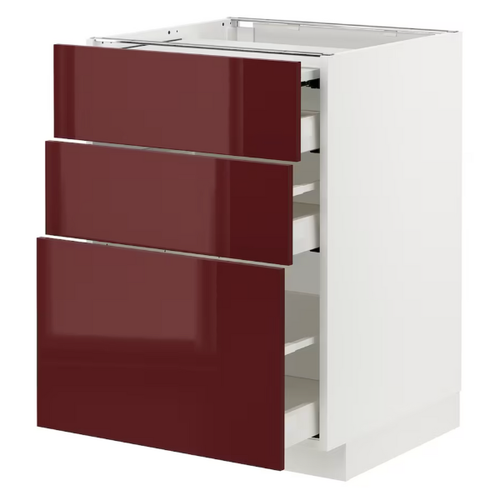 METOD / MAXIMERA - Bc w pull-out work surface/3drw, white Kallarp/high-gloss dark red-brown , 60x60 cm
